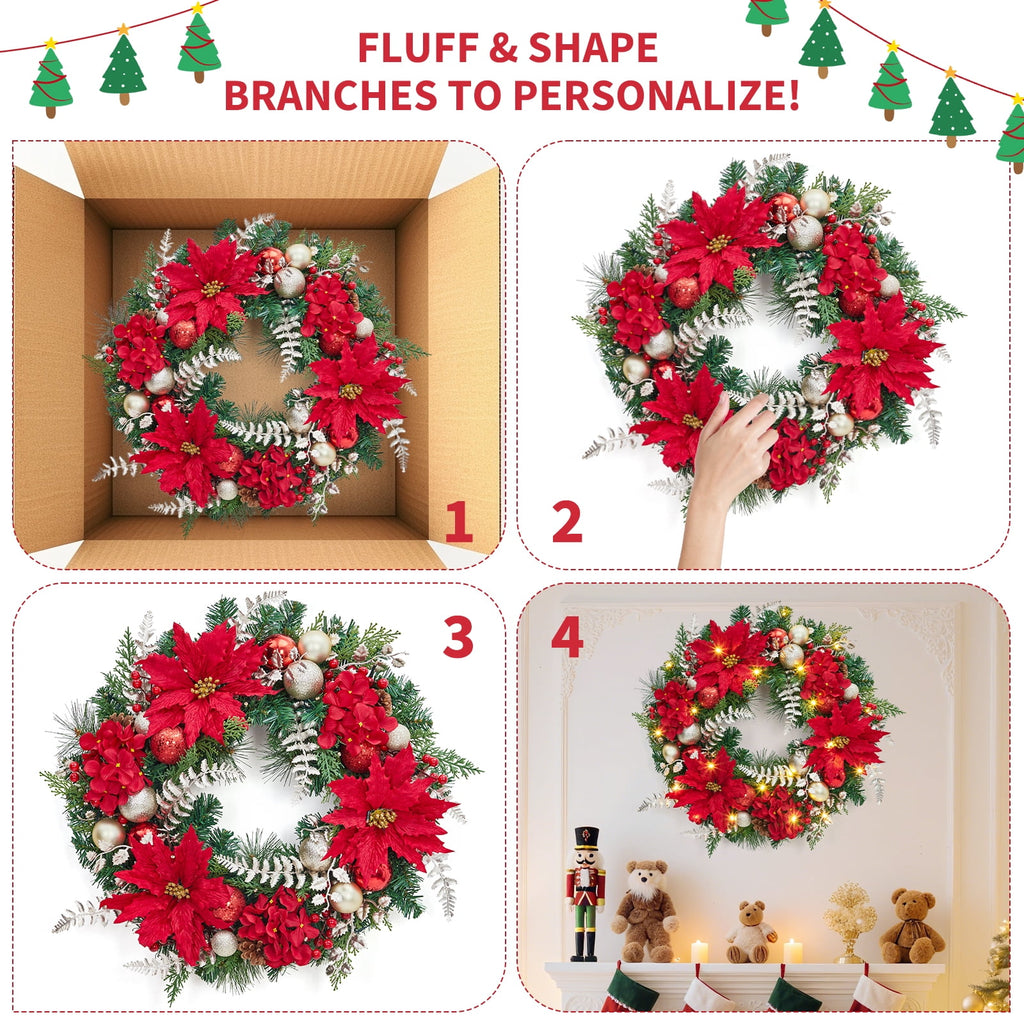 JoanKaren 24 inch Large Christmas Wreath Silver White with 20 LED Lights,Prelit Xmas Wreath w/ Ball Ornaments Pine Cone