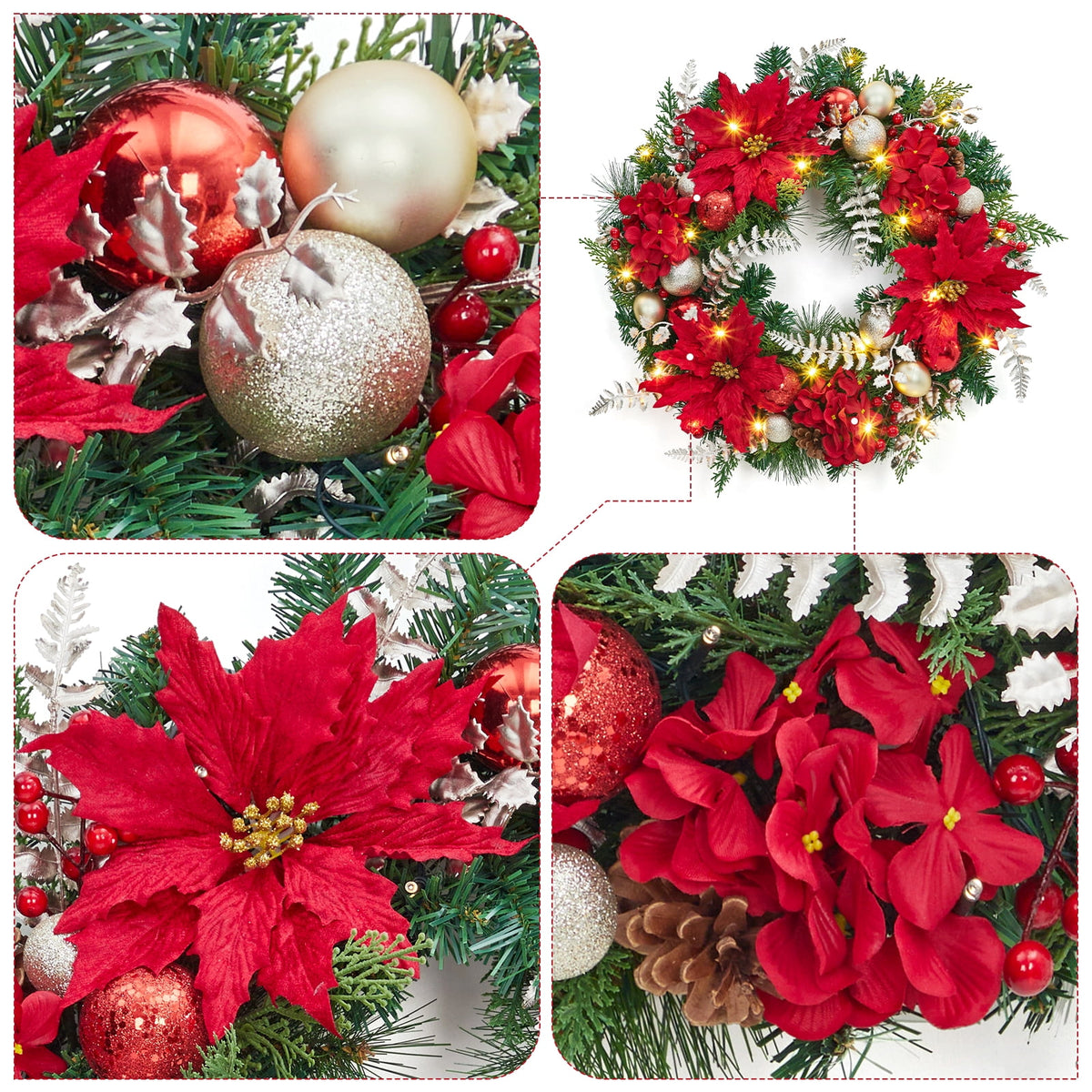 JoanKaren 24 inch Large Christmas Wreath Silver White with 20 LED Lights,Prelit Xmas Wreath w/ Ball Ornaments Pine Cone