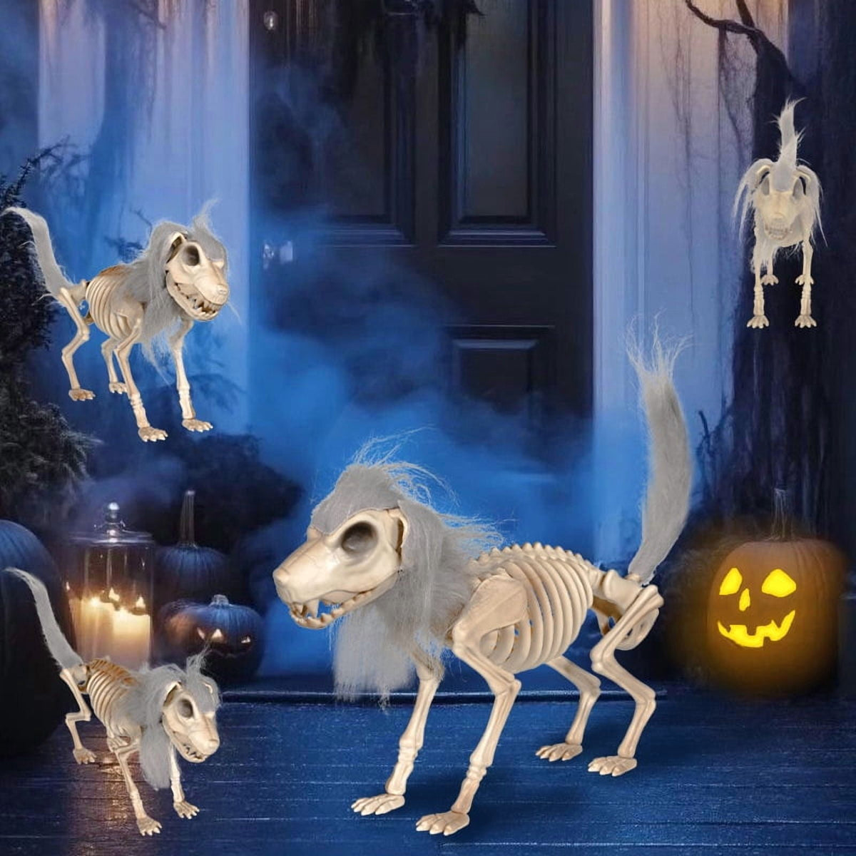 14.9 inches Sitting Skeleton Dog,Plastic Hairy Animal Skeleton Decorations,Gothic Posable Dog Body, Spooky Party Favors,Halloween Full Body Posable Joints Hairy Dog Skeleton Graveyard Party Decor