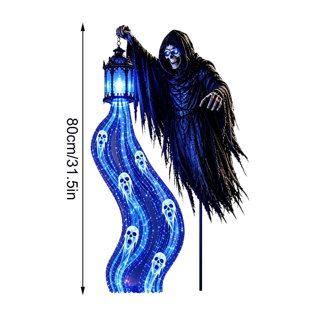 Halloween Soul Harvester Animated Solar Garden Stake Light, Spooky Grim Reaper with Blue Ghost Lights and Lantern, 31.5 Inch Solar Halloween Yard Stake for Haunted House Lawn Garden Decor