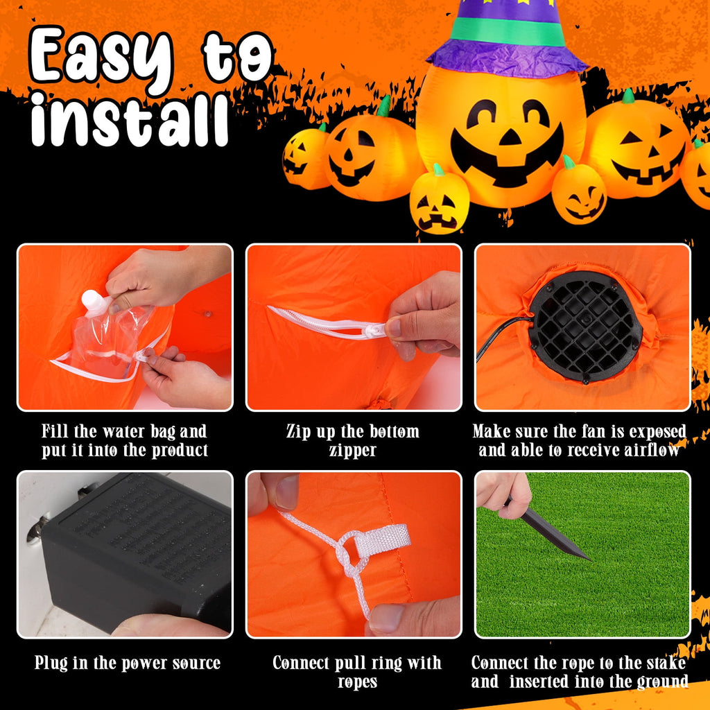 Halloween Inflatables Outdoor, 8FT Long Cute & Lighted Blow Up Decoration Pumpkin Family with Witch Hat, Large Halloween Inflatables Decorations with Lights for Yard, Holiday, Home