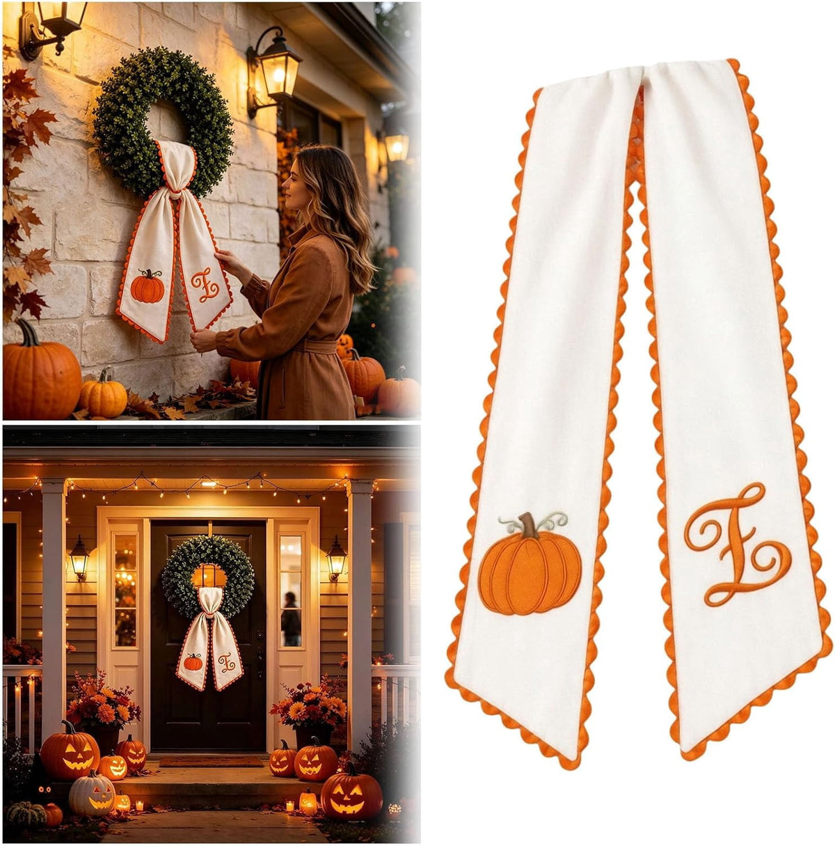 Halloween Pumpkin Wreath Sash Double-Sided Fall Door Ornament Thanksgiving Harvest Display 2-Pack