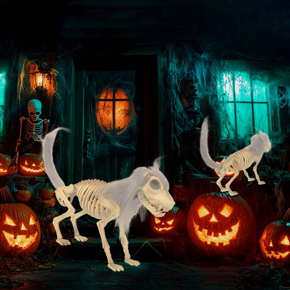 14.9 inches Sitting Skeleton Dog,Plastic Hairy Animal Skeleton Decorations,Gothic Posable Dog Body, Spooky Party Favors,Halloween Full Body Posable Joints Hairy Dog Skeleton Graveyard Party Decor