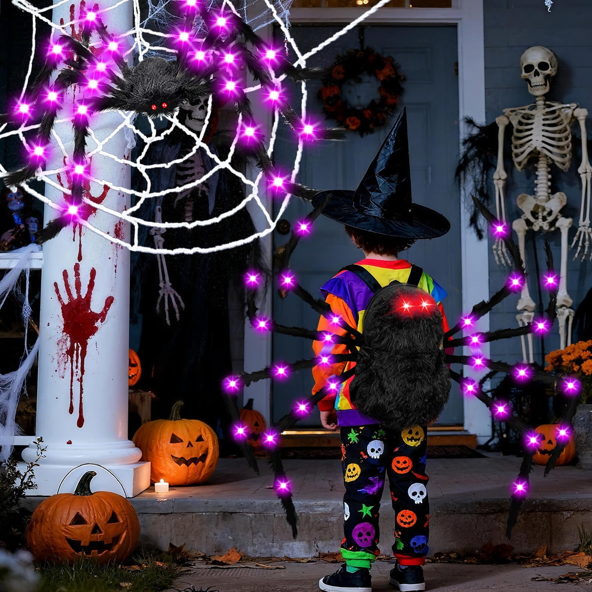 Halloween Decorations Outdoor Spider Webs: 1Pcs Giant Spiders - 200'' Triangular Web with Hook - Stretch Web and Ground Stakes for Large Halloween Decor and Haunted House Decoration