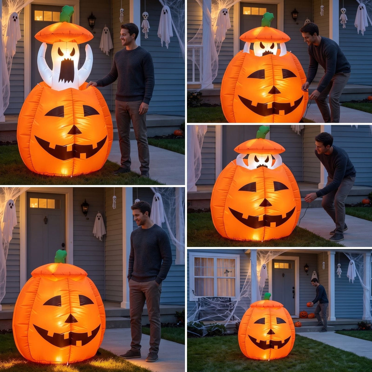 Sahpxhe 47in Halloween Inflatable Pumpkin Ghost and Spooky with Adjustable Height,Led Light Up Yard Halloween Decoration for Outdoor Garden Yard Holiday Party Orange