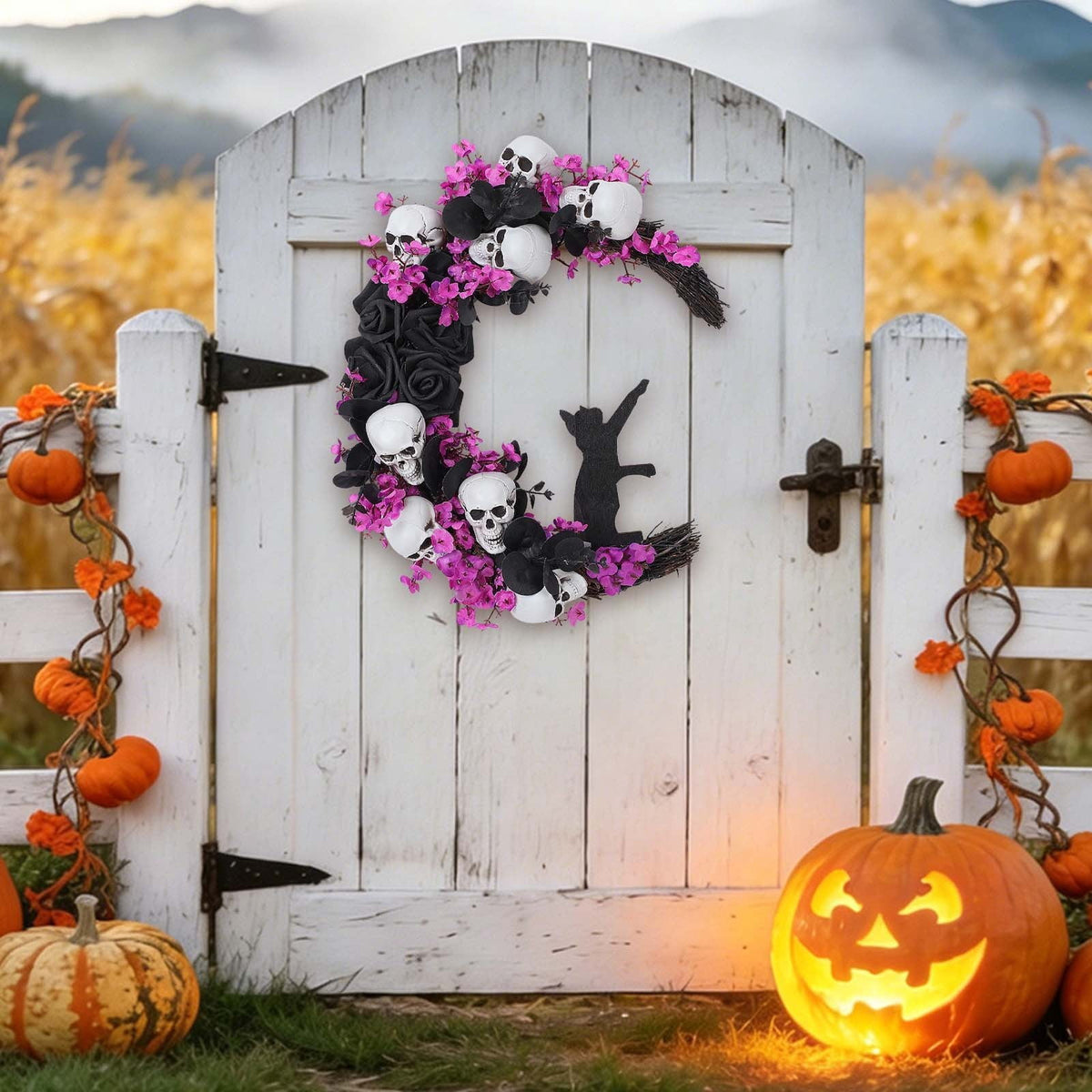 Halloween Moon Wreath with Skull & Mini Black Cat, Grapevine Wreath forFront Door, Halloween Door Wreath Decor forHome Party indoor Outdoor