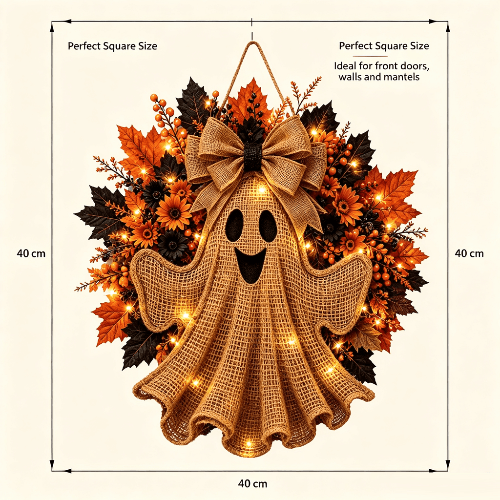 LGHDIWN Lighted Ghost Hanging Wreath for Front Porch, Halloween Door Decor with Spooky Design, Covered Porch Wall Window Indoor Display, Glowing Accent, Halloween Decoration