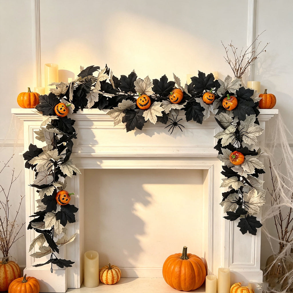 Chmadoxn 78.74" Halloween Thanksgiving Maple Leaf Garland with Mini Pumpkins & Berries, Artificial Fall Leaves Vine for Mantel Staircase Porch, Autumn Harvest Hanging Home Decor
