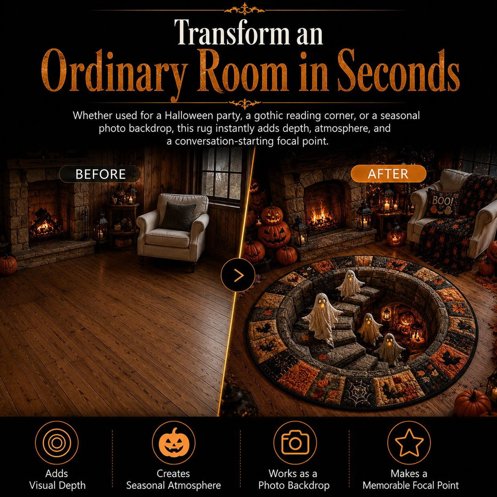 Halloween Staircase Optical Illusion Round Rug, Spooky 3D Floor Mat with Ghosts Pumpkins, Soft Non-Slip Carpet for Living Room Entryway – 4 Sizes
