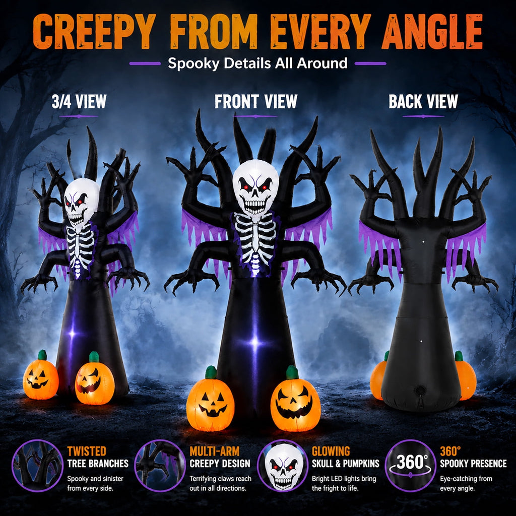 Toiyjofe 8ft Halloween Inflatable Skeleton Tree with LED Lights, Spooky Lighted Outdoor Yard Decoration with Grim Reaper & Pumpkins