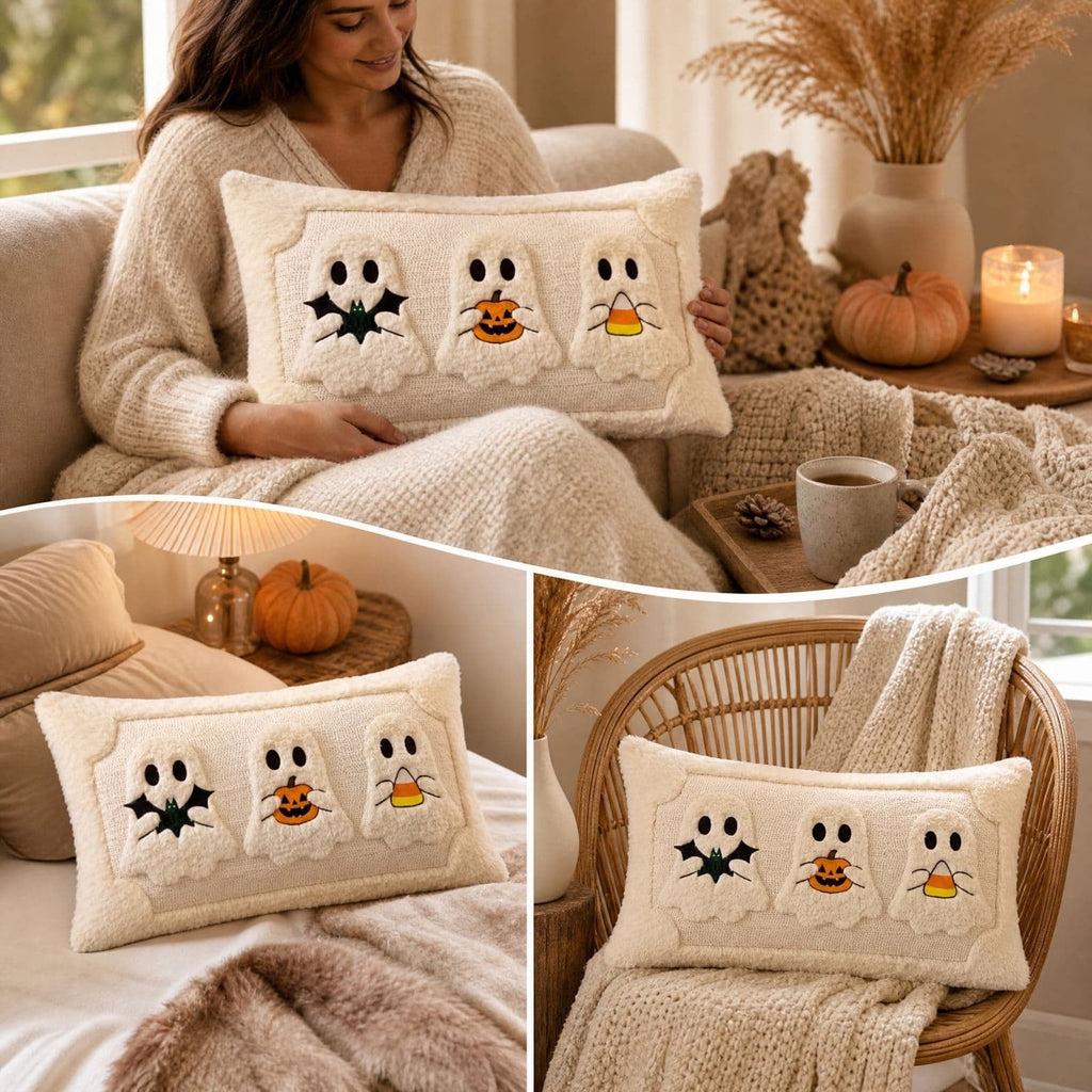 Cute Reading Ghost Plush Throw Pillow, Halloween Book & Pumpkin Bucket Ghost Stuffed Cushion, Spooky Season Decorative Pillow, for Sofa, Bedroom, Party Decor
