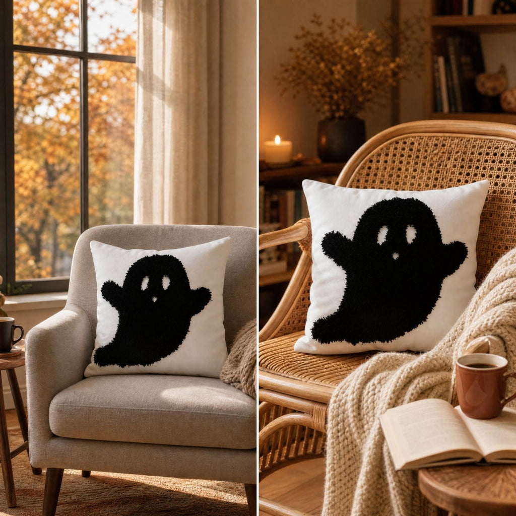 Cute Reading Ghost Plush Throw Pillow, Halloween Book & Pumpkin Bucket Ghost Stuffed Cushion, Spooky Season Decorative Pillow, for Sofa, Bedroom, Party Decor