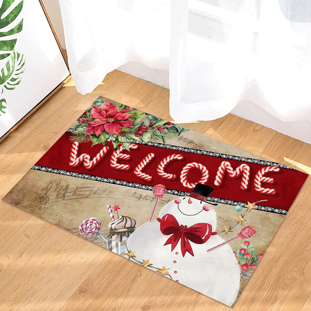Christmas Snowman Trees Entrance Door Mat, Red Plaid Low Profile Tradition Christmas Decor Welcome Doormat, Non-Slip Carpet Rugs Floor Mat Decorative for Home/Bathroom/Kitchen - 20"x31.5"