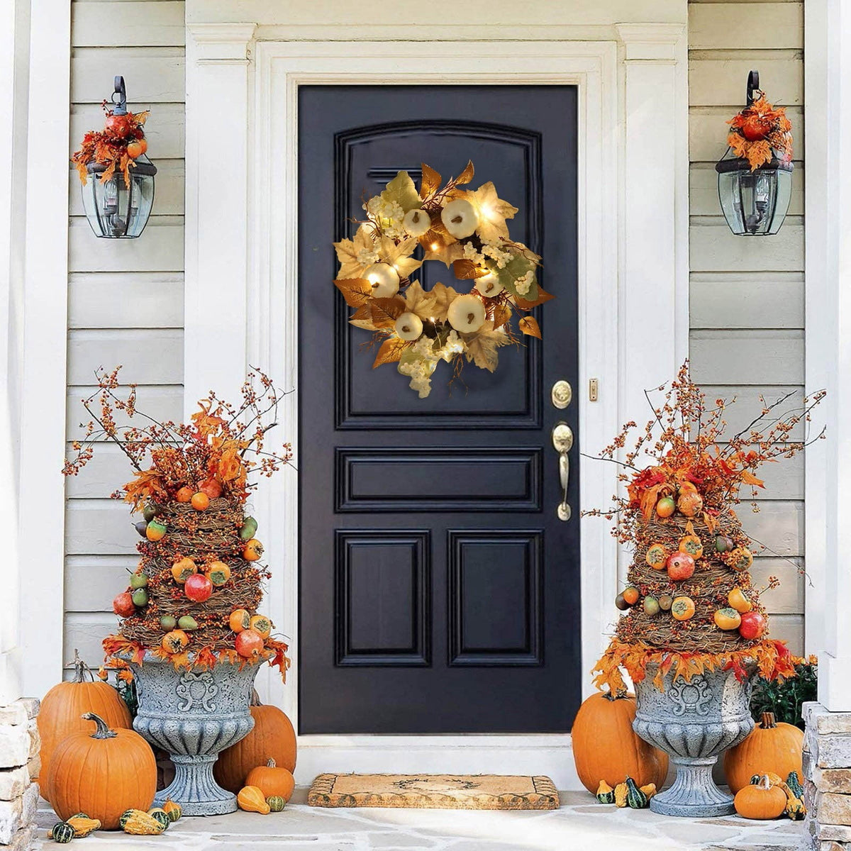 12 Inch Fall Wreath with Pumpkins & Maple Leaves - Autumn Harvest Wreath for Front Door, Thanksgiving & Halloween Farmhouse Decor