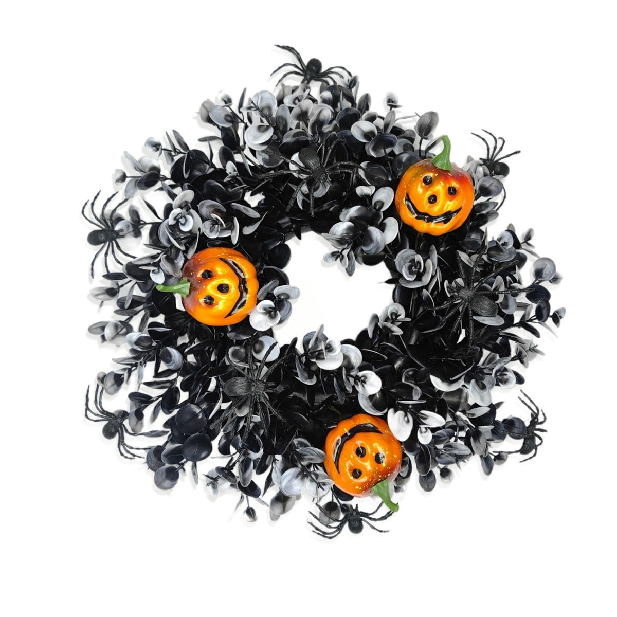 12 Inch Black Eucalyptus Halloween Wreath, Artificial Floral Door Wreath with Pumpkin Cutouts for Front Porch Indoor Door Halloween Party Gothic Home Decor