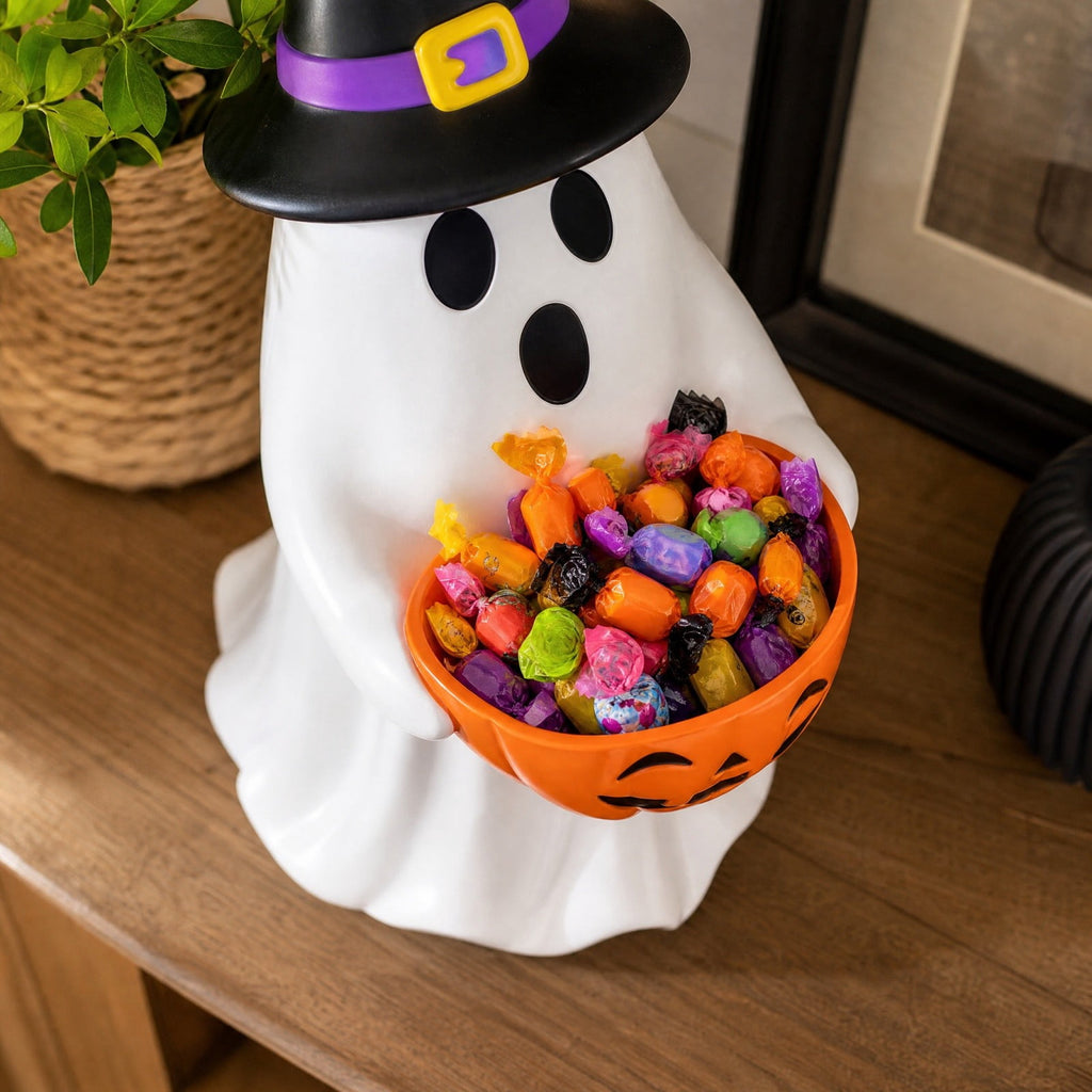 Halloween Decoration Ghost Figurine 11in Resin Ghost Statues with Pumpkin Candy Bowl for Outdoor Indoor Front Door, Porch Yard Lawn Party Decor