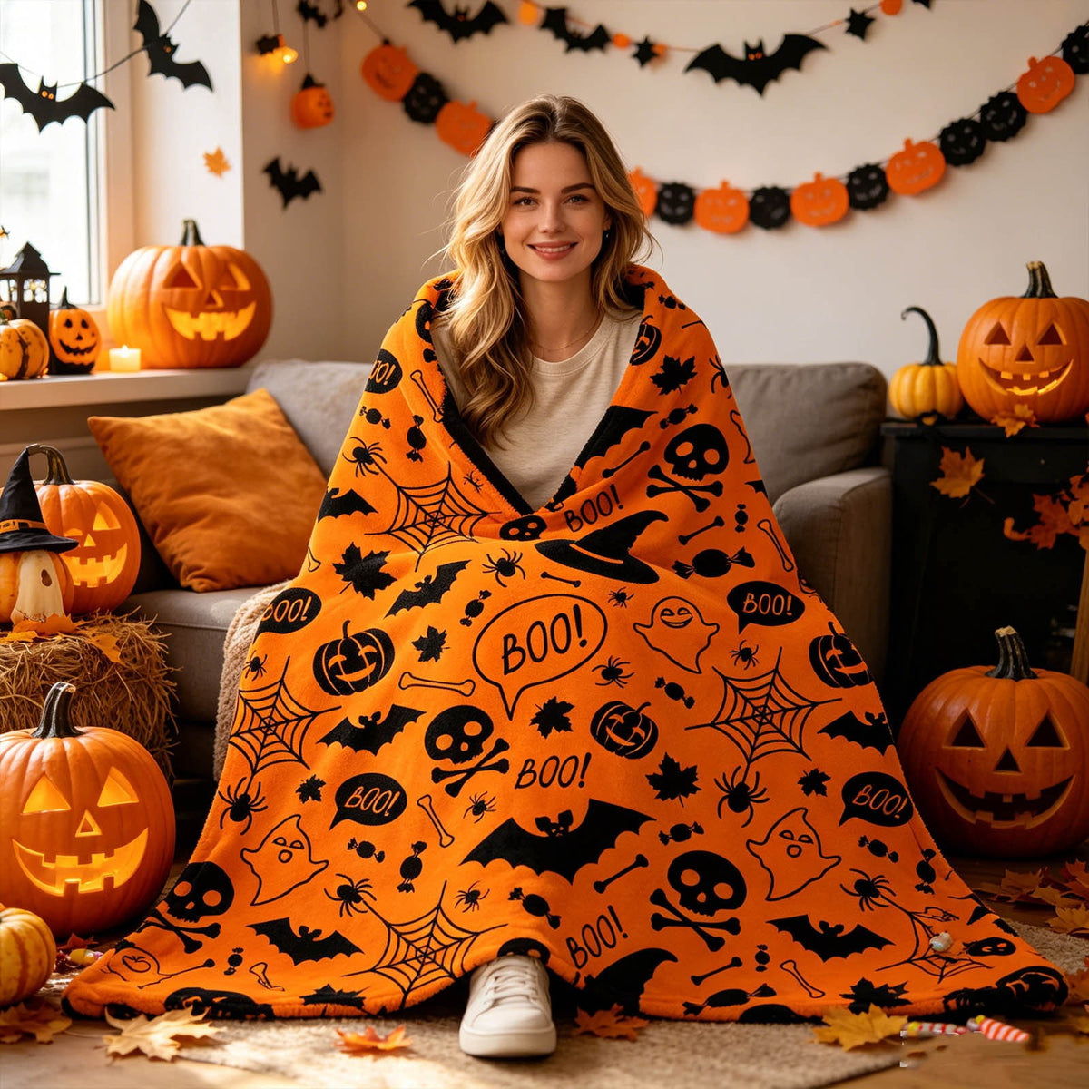 Halloween blanket,Halloween Print Throw Blanket Flannel Soft Cozy Decorative Nap Blanket with Ghost Pumpkin Skull for Office Bedroom Sofa Camping Travel(100x150cm/39x59 Inch),Black