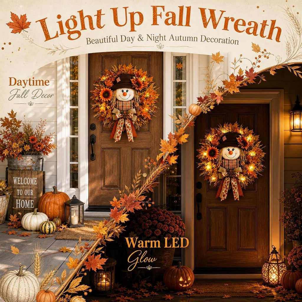 Lighted Scarecrow Halloween Fall Wreath for Front Door, Autumn Harvest Decor, Sunflower Maple Wreath, Warm LED and Farmhouse Burlap Bow & Leaf
