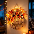 13.78 Inch Lighted Pumpkin Wreath with LED Lights, Fall Front Door Decor, Halloween Thanksgiving Autumn Wreath for Porch Farmhouse Home Decoration