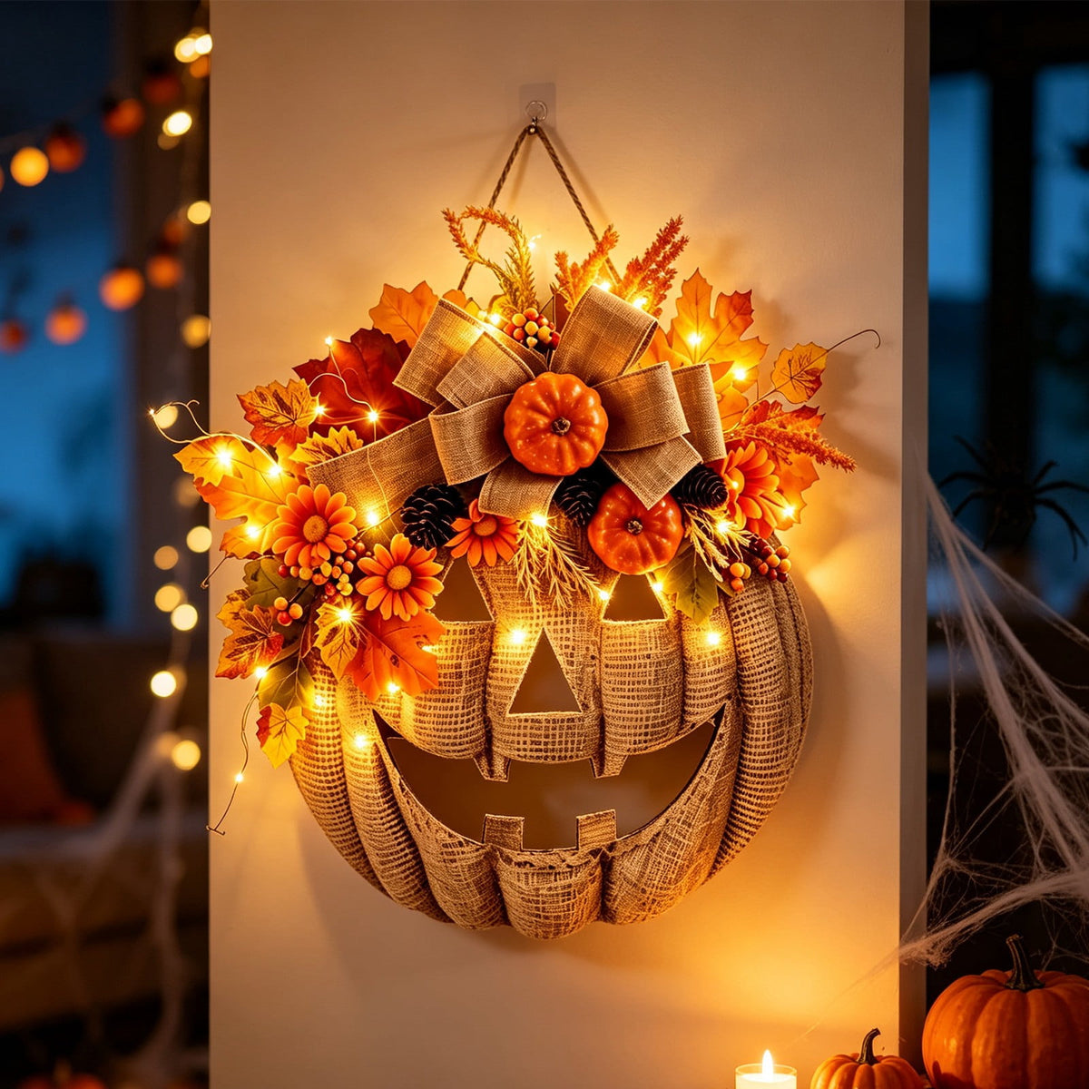 13.78 Inch Lighted Pumpkin Wreath with LED Lights, Fall Front Door Decor, Halloween Thanksgiving Autumn Wreath for Porch Farmhouse Home Decoration