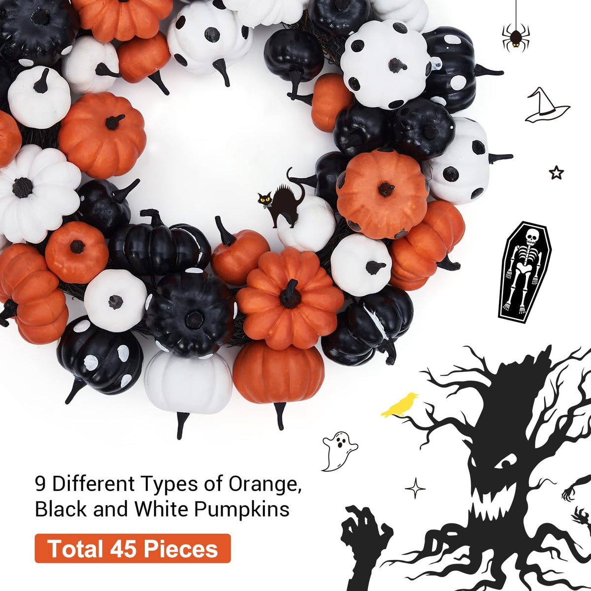 Halloween Pumpkin Wreath, 18 Inch Fall Wreath for Front Door with Orange, Black and White Pumpkins, Rattan Bottom Thanksgiving Indoor Outdoor Home Party Decor