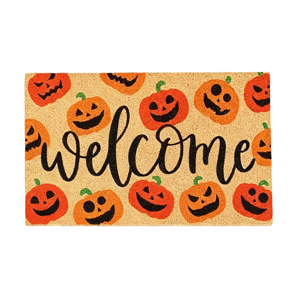 Fllostpr Halloween Pumpkin & Crow Welcome Doormat for Front Door, Non-Slip Vintage Brown Coir Floor Mat for Outdoor Porch Entryway Decor,16x24 Inch