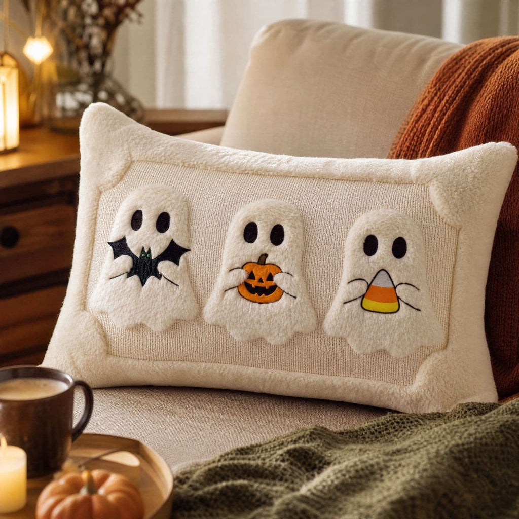 Cute Reading Ghost Plush Throw Pillow, Halloween Book & Pumpkin Bucket Ghost Stuffed Cushion, Spooky Season Decorative Pillow, for Sofa, Bedroom, Party Decor