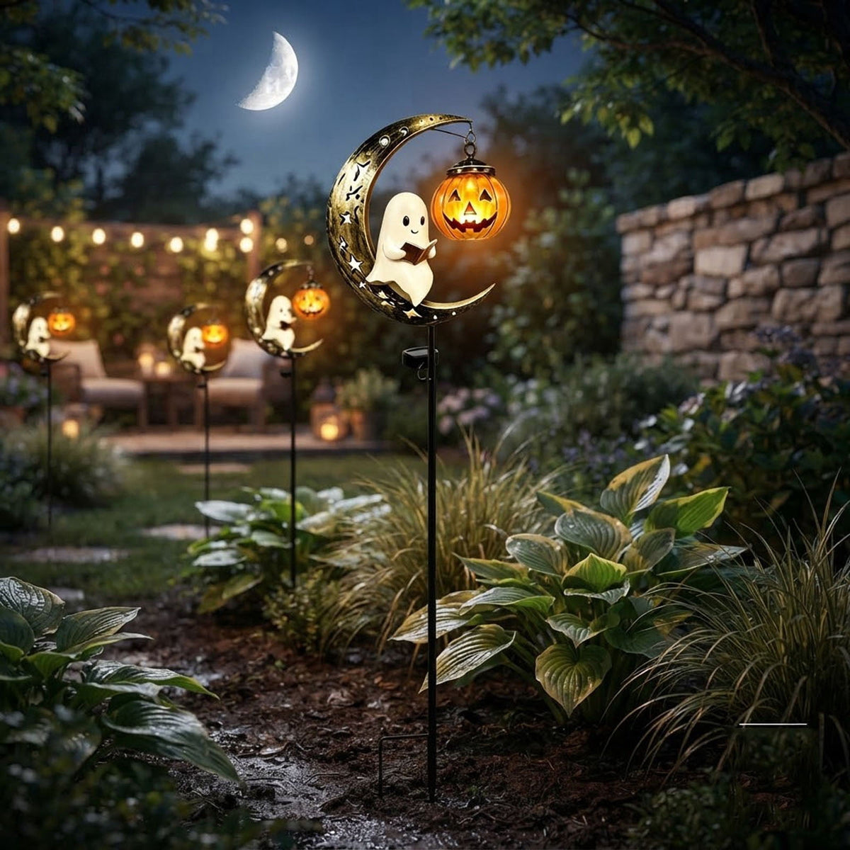 Solar Halloween Metal Moon Black Cat Garden Stake with LED Pumpkin Lantern, Light Up Star Bat Yard Decor Stake, Spooky Outdoor Lawn Pathway Halloween Decoration