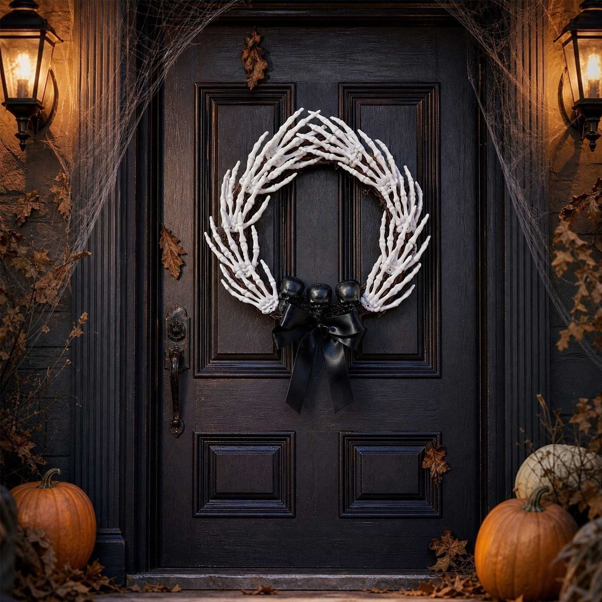 14 Inch Halloween Wreaths for Front Door,Gothic Spooky Skeleton Hands Wreath with Skull Bow for Halloween Decorations Indoor Outdoor Mantel Wall Window Table Porch Fall Home Party Supplies