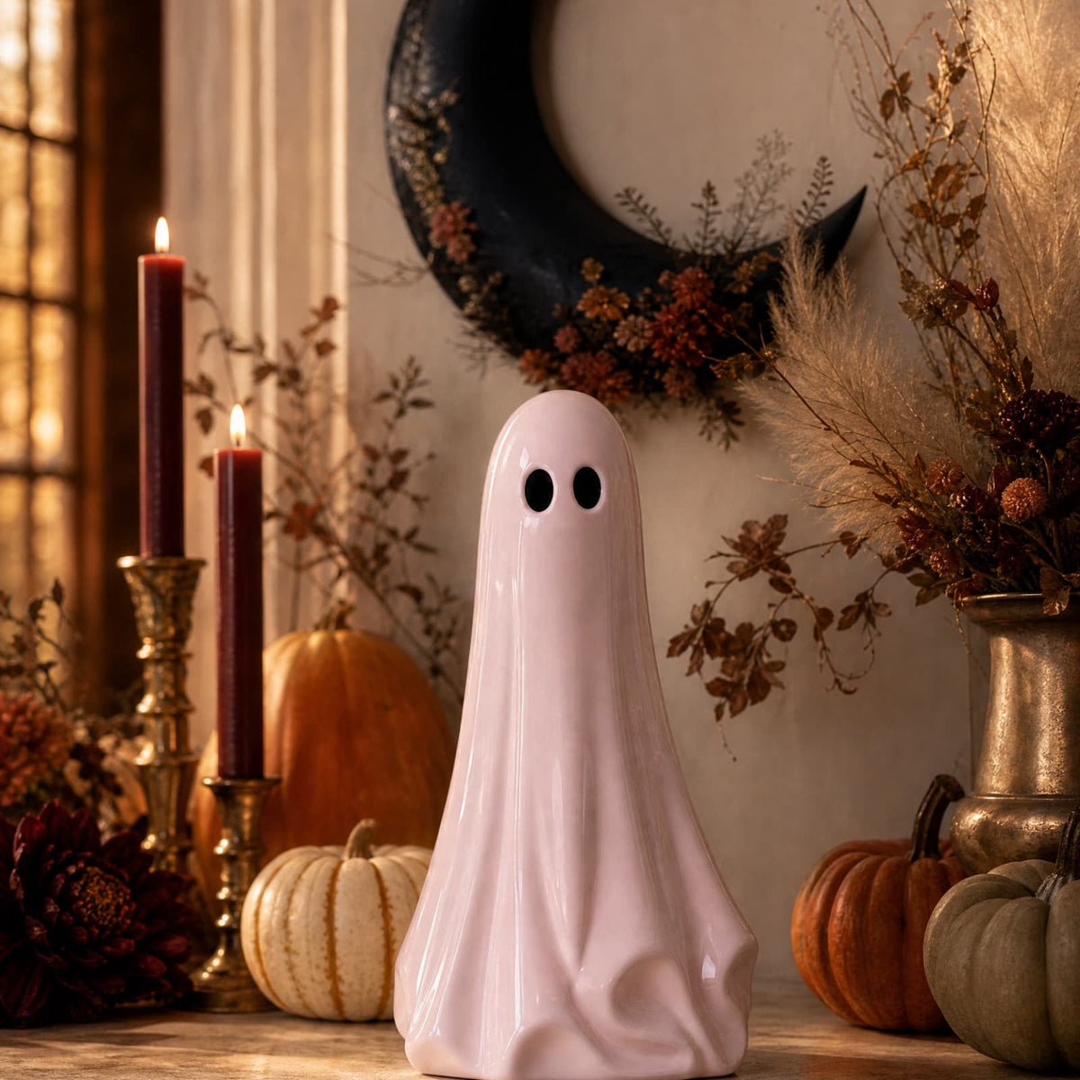 Pink Halloween Decor Ghost Candy Bowl Figurine with Bow and Scalloped Holder for Indoor Tabletop Decor and Party Favor Display