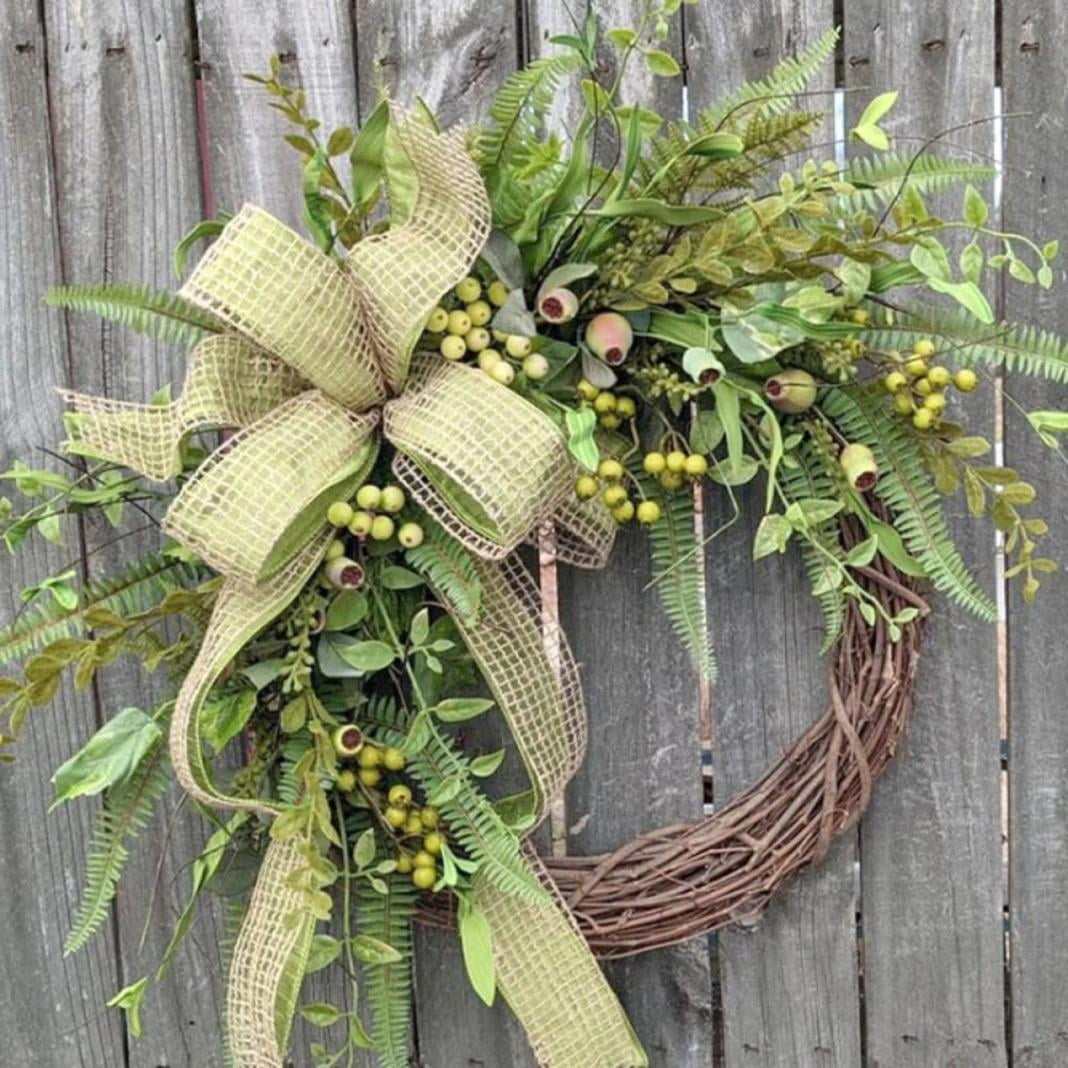 15 Inch Spring Wreath for Front Door, Artificial Welcome Wreath with Green Pods Plants Branches Vines, Rustic Style Decor for Home Yard Room Office Party Festival Indoor Outdoor