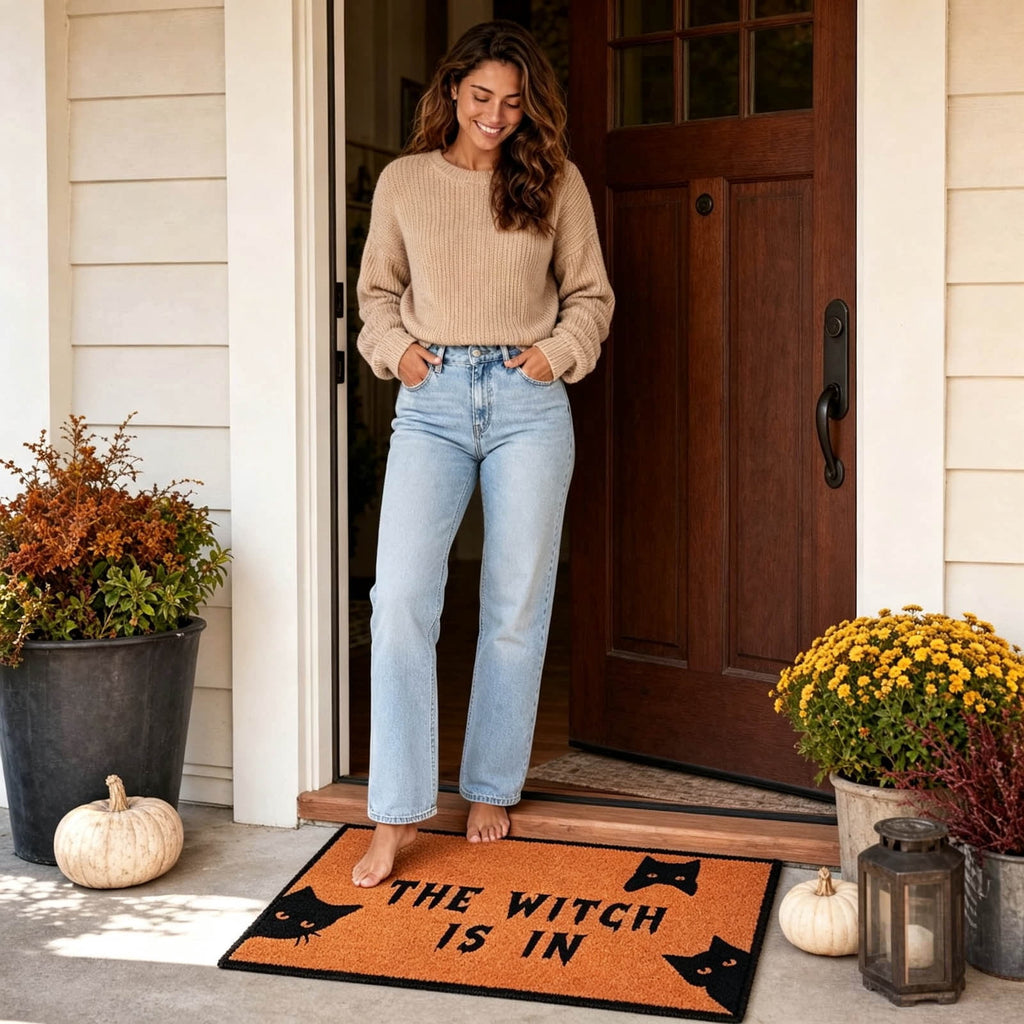 Halloween Black Cat Doormat Outdoor 23x15 Inch, Funny Welcome Mat | Non-Slip PVC Backing, No-bleed Stays Vibrant in Covered Outdoor Areas