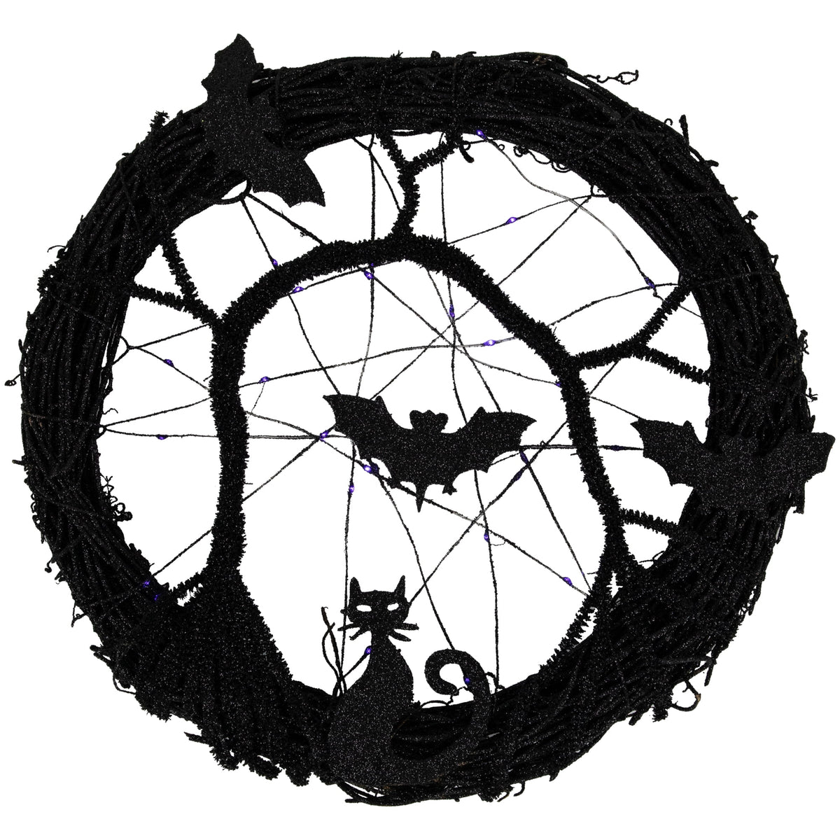 Northlight LED Lighted Black Twig and Bats Small Halloween Wreath - 13" - Purple Lights