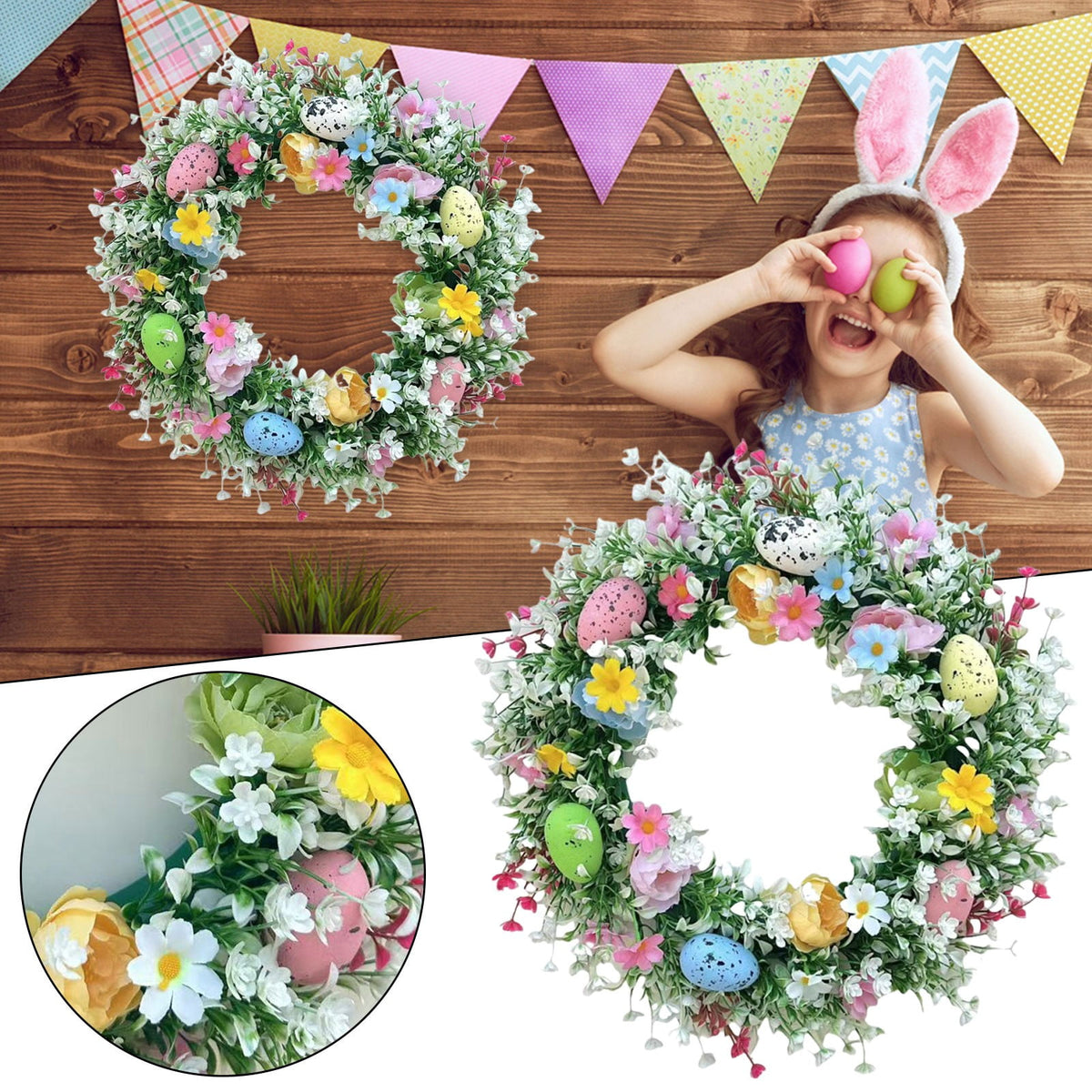 Clearance Items 35CM Easter Egg Wreath – Spring Berry & Leaves Garland, Colorful Egg Front Door Hanging Decoration for Holiday & Seasonal Decor