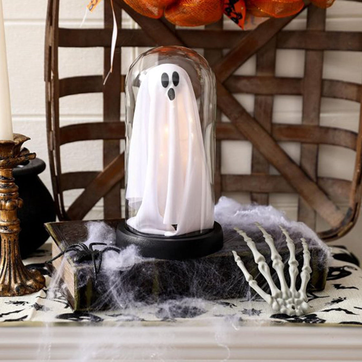 Orangide Halloween Ghost Cloche Night Light Fabric Ghost Lamp with Glass Dome for Mantel Shelf Spooky Party and Home Decor Ornament