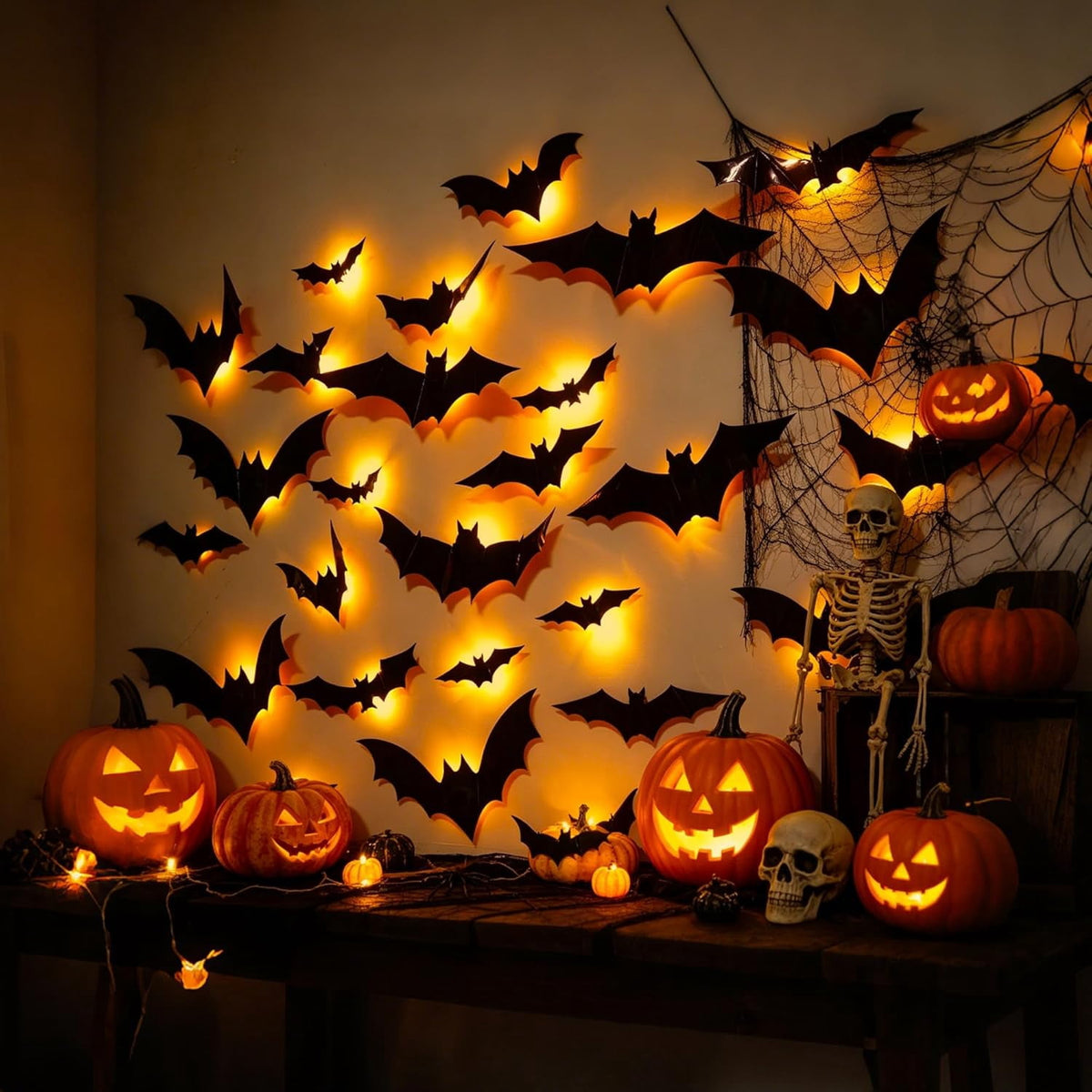 CQHVKQ 36 PCS Halloween Bats Decorations, Realistic 3D LED Bats Wall Stickers Decor, Assorted Size Removable Lighted PVC Bats DIY Wall Sticker for Halloween Party, Bedroom, Home, Indoor and Outdoor