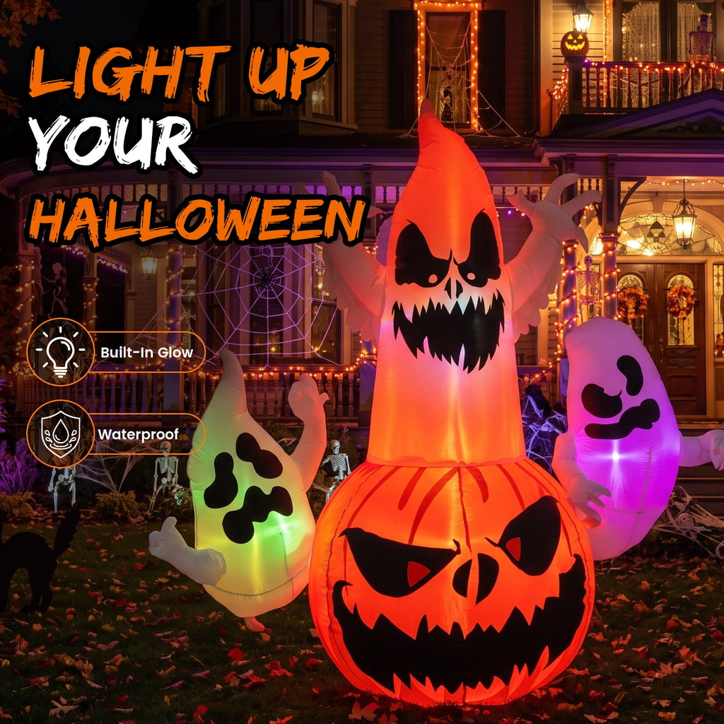 6FT Halloween Inflatable Ghost Pumpkin Decorations with LED Lights, 3 Ghosts Inflatable Yard Decorations for Outdoor Lawn Garden Porch Indoor Party Decorations