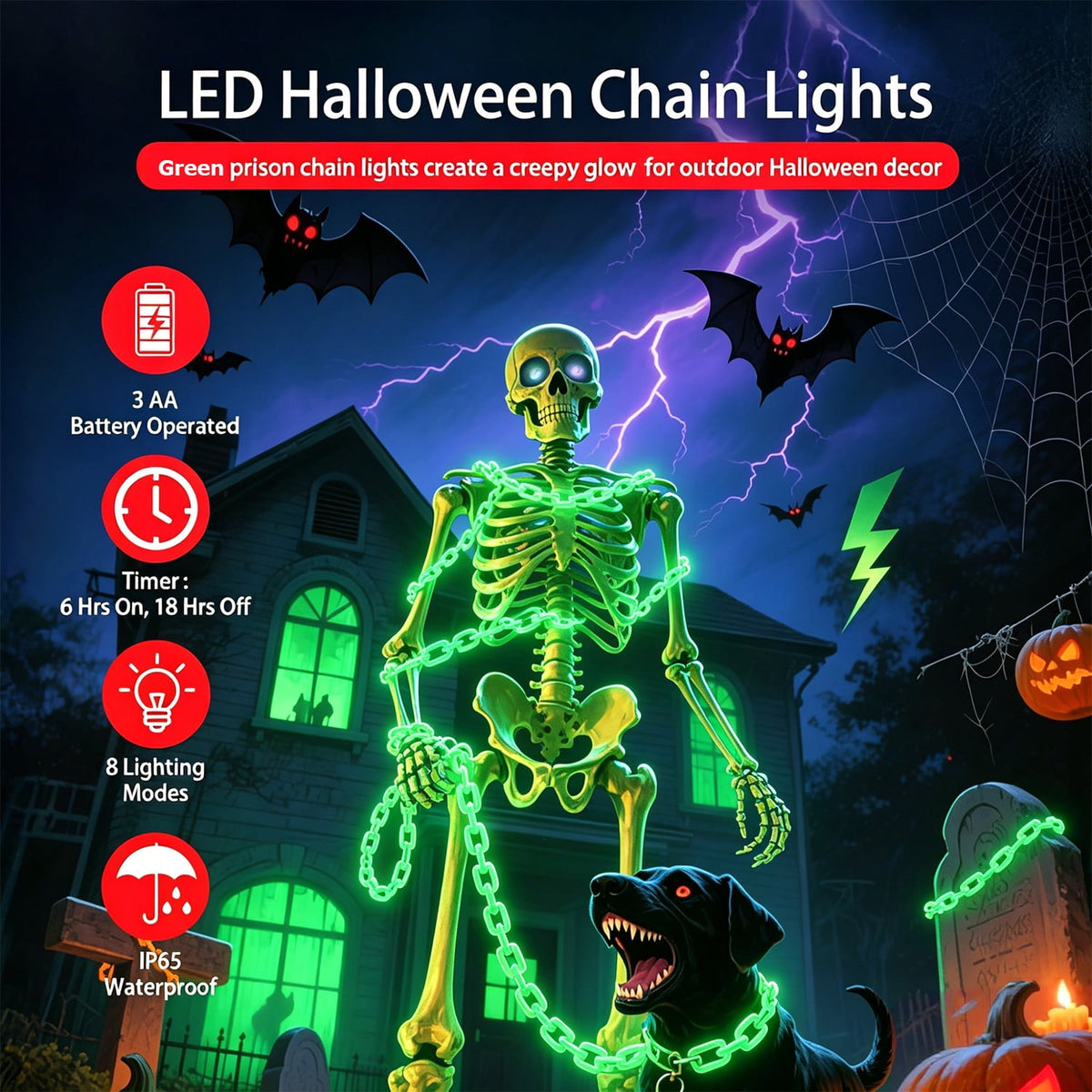 10Ft Battery Operated Plastic Chain Lights for Halloween Decorations, 8 Modes Timer Orange Halloween String Lights Waterproof Lighted Props Chains for Skeleton Dog, Haunt House,Costumes Party Decor
