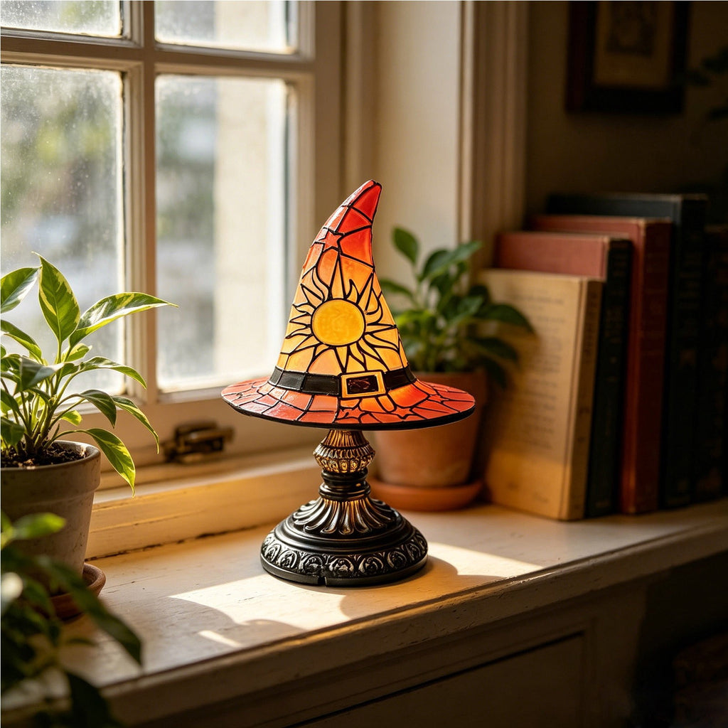 BZPIZ Witch Hat Lamp Handcrafted Retro Resin Stained Witch Hat Desk Lamp Halloween Home Decor Gothic Wizard Hats Night Light for Bedroom & Bookshelf