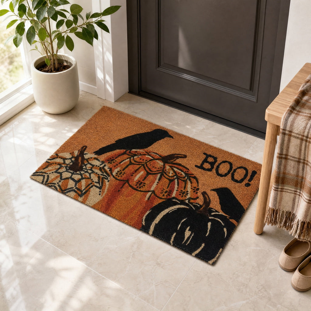 Halloween Pumpkin Crow Coir Doormat 23.6x15.7 Inch Fall Front Porch Welcome Mat Non Slip Seasonal Entryway Decor for Home Indoor Outdoor Display