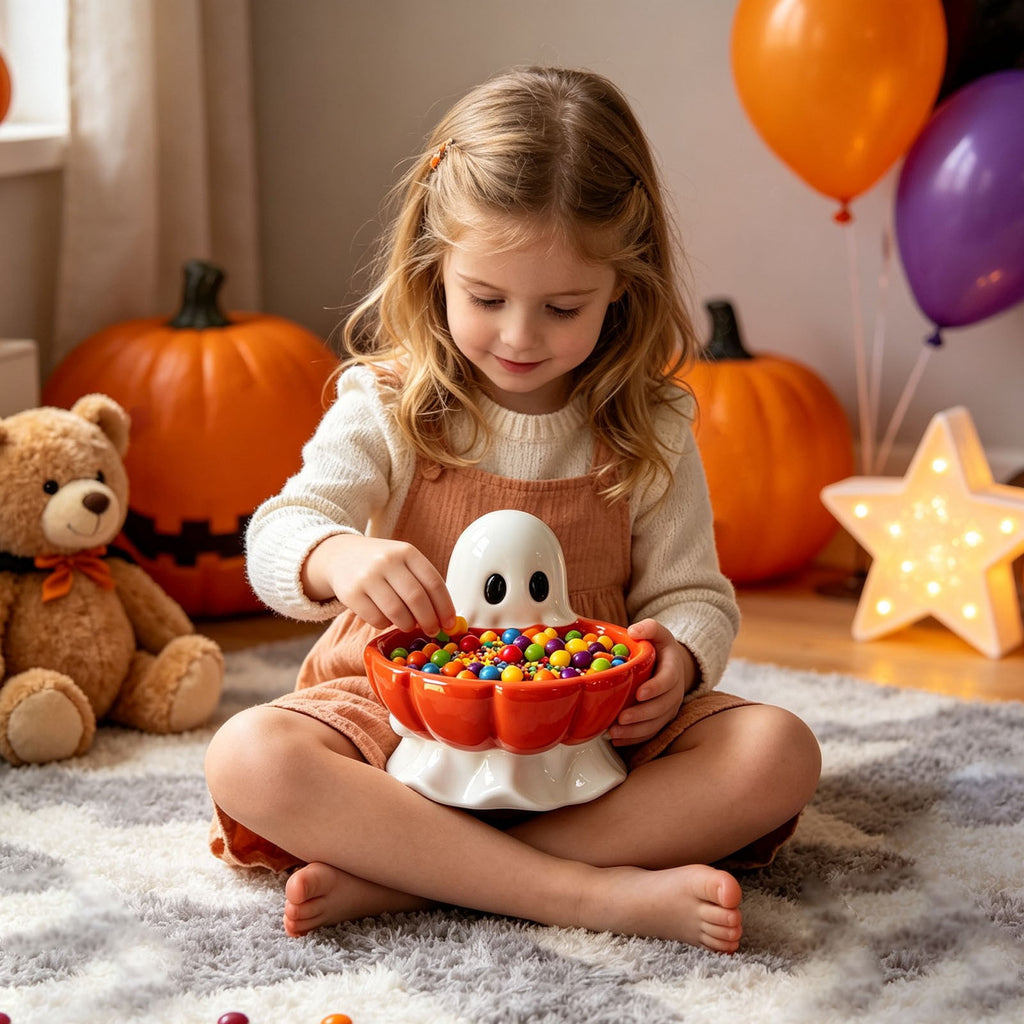 Halloween Decoration Ghost Figurine 11in Resin Ghost Statues with Pumpkin Candy Bowl for Outdoor Indoor Front Door, Porch Yard Lawn Party Decor