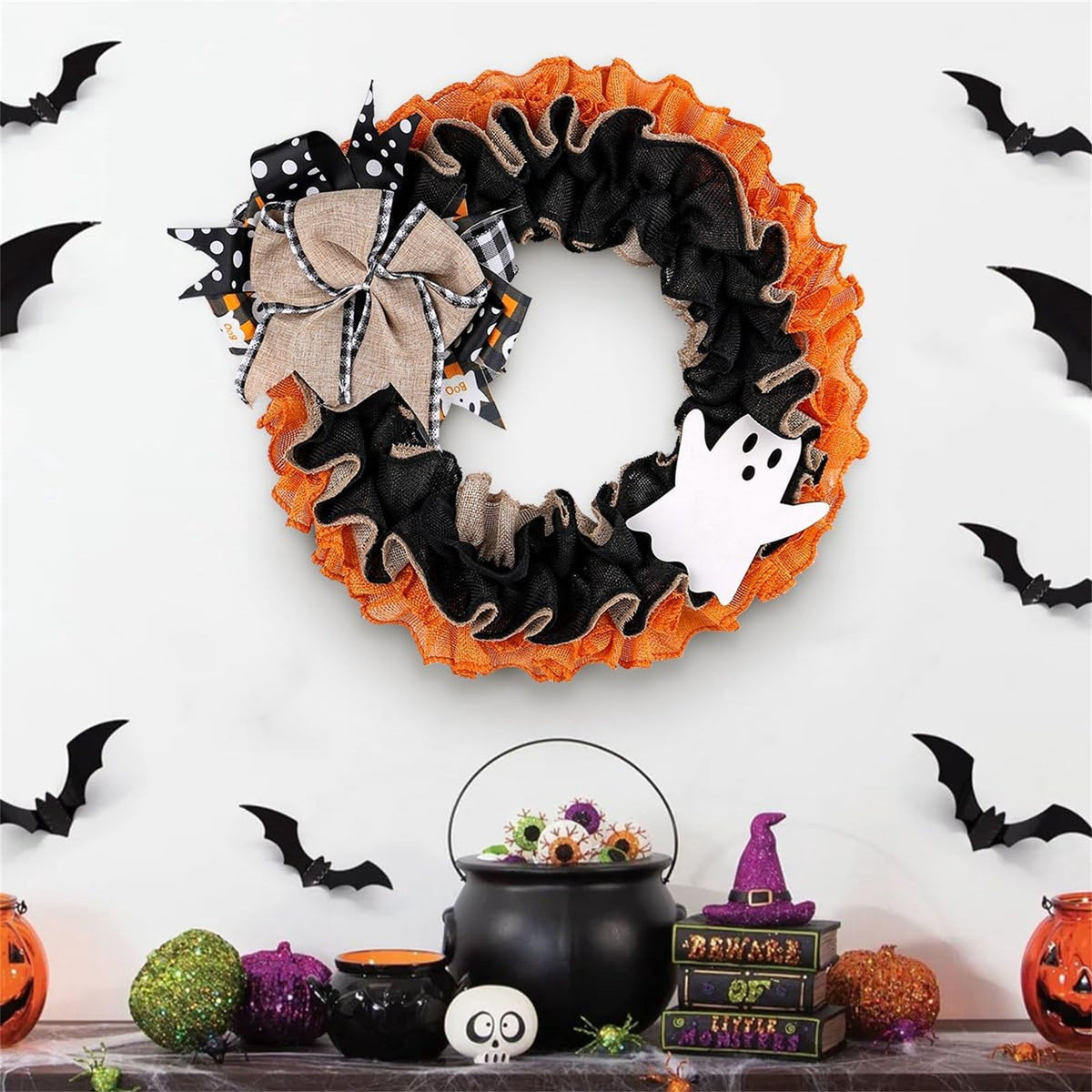 Halloween Boo Ghost Wreath, Burlap Wreath with Bows for Front Door, Farmhouse Favors Trick of Treat Propse for Window Wall Decor