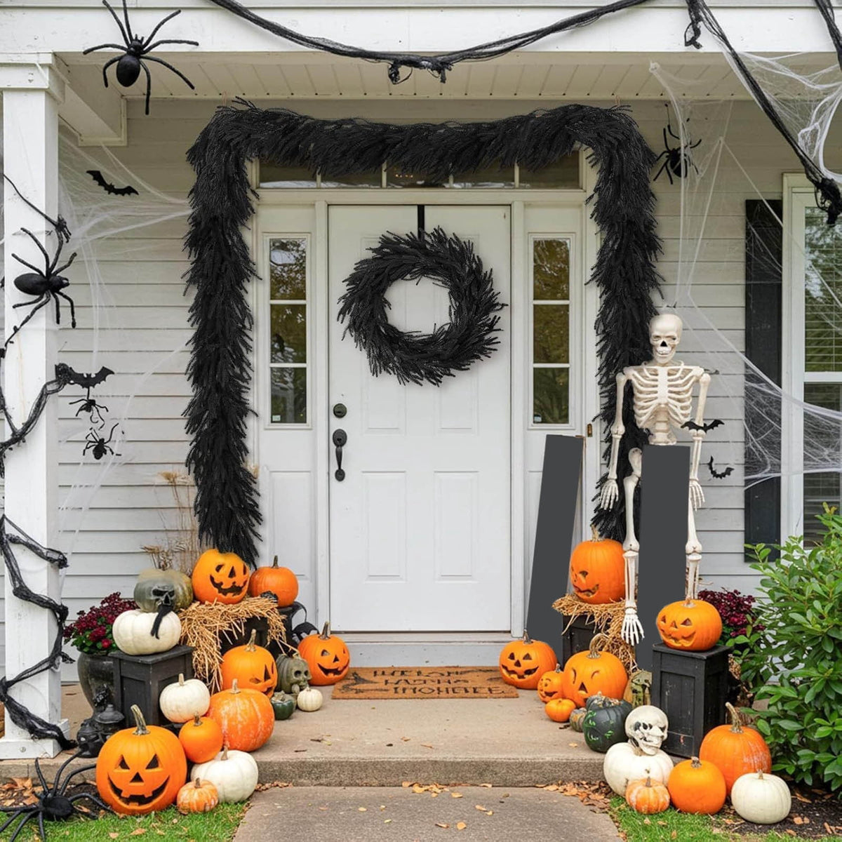 Black Halloween Garland,9 Ft Halloween Garland For Mantle,Black Norfolk And Halloween Decorative Wreath Real Touch Halloween Garlands Faux Garland.(120 Head)