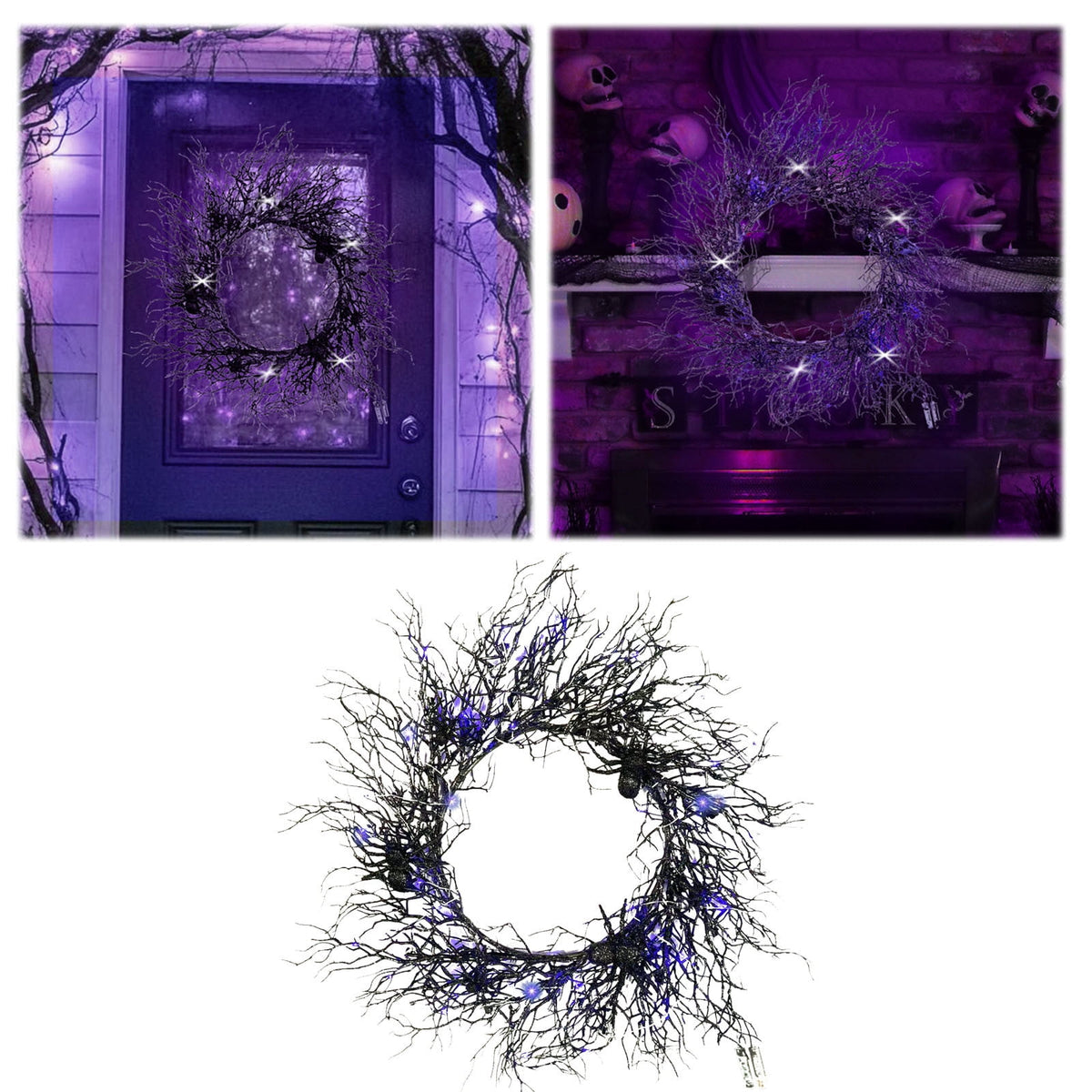18" Lighted Halloween Wreath for Front Door - Black Spider Wreath with Purple LED Lights - Battery Powered Indoor/Outdoor Decor for Porch, Parties & Spooky Home Decor