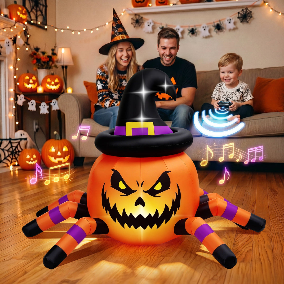 Firstness 2.4GHz Remote Control Halloween Inflatable Car Blow ups Pumpkin Ghost Rc Car,3 Music and LED Lights,360° Rotation,Aged 3+