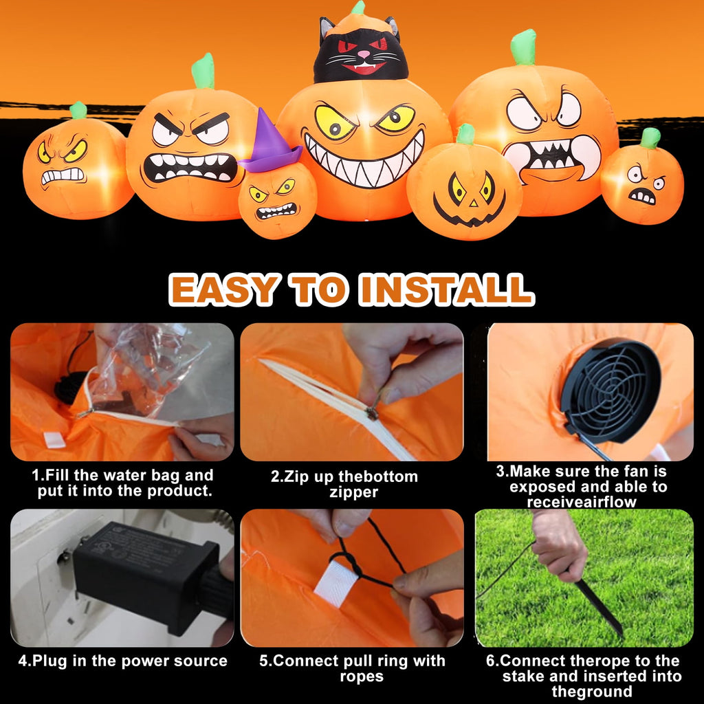 Halloween Inflatables Outdoor, 8FT Long Cute & Lighted Blow Up Decoration Pumpkin Family with Witch Hat, Large Halloween Inflatables Decorations with Lights for Yard, Holiday, Home