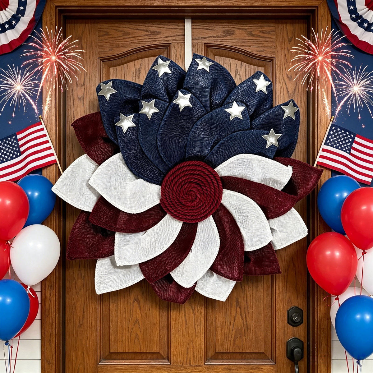 AZXY 20 Inch 4th of July Patriotic Wreath, Red White Blue Mesh Wreath with American Flag Star & Stripe Ribbons, Patriotic Americana Decor for Independence Day Memorial Day Front Door Indoor Outdoor