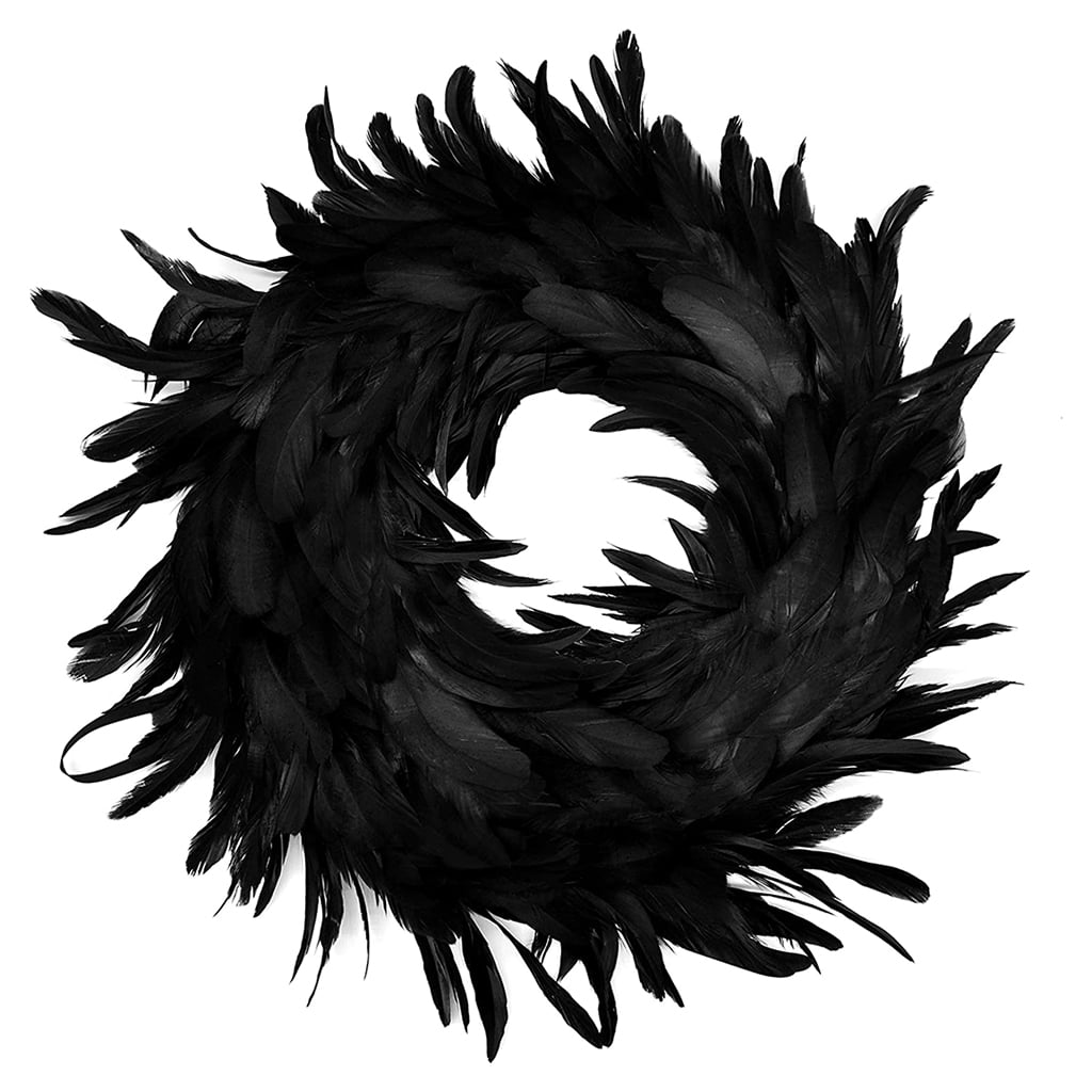 Milue 15.7in Natural Feathers Wreath Front Door Black Feather Wreath Spooky Scene Party Favors for Porch Halloween Decoration