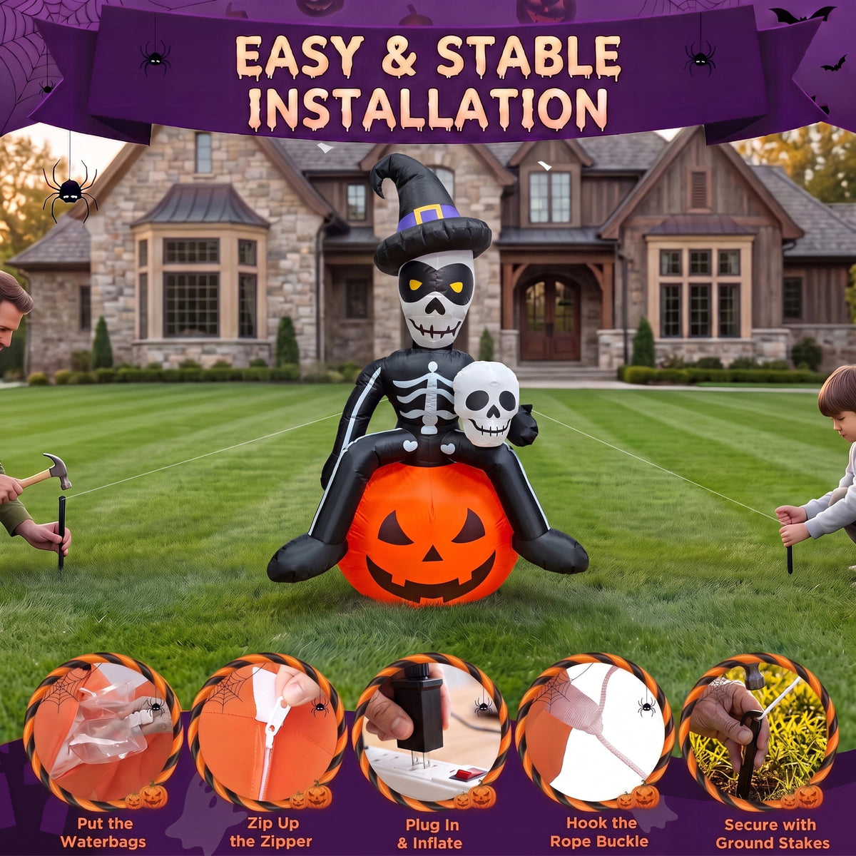 Glazina 6 FT Halloween Inflatable Skeleton on Pumpkin with Witch Hat, Built-In LED Lights, Outdoor Halloween Blow Up Yard Decoration