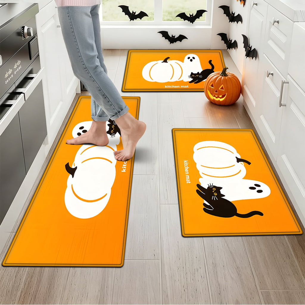 YIMEIS Halloween Orange Ghost Pumpkin Black Cat 1Pc Flannel Mat & Kitchen Rugs,Soft Non-slip,16''×24'' Inches,for Entryway Bathroom